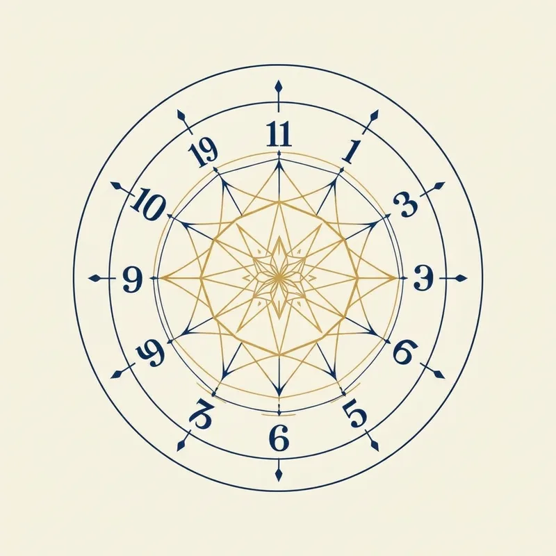 Navy and gold circular numerology mandala illustration showing the nine core numbers arranged in sacred geometry on an ivory background.