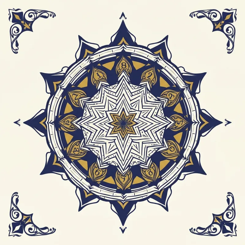 Decorative birth yantra with a 4 by 4 magic square surrounded by gold lotus petals and navy line work on an ivory background.